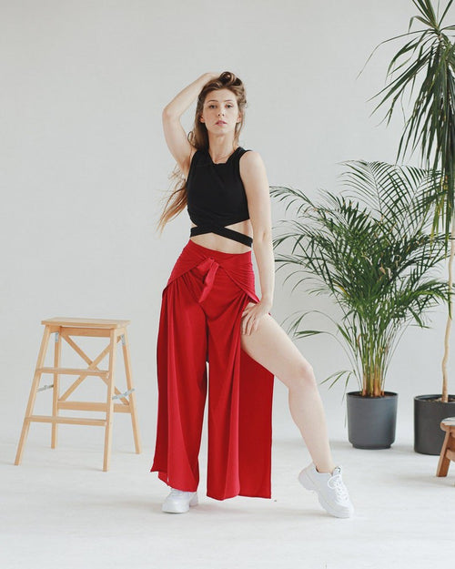 Red beach pants split pants yoga pants hollow pants wrap pants wrap pants Thai pants