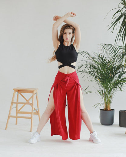 Red beach pants split pants yoga pants hollow pants wrap pants wrap pants Thai pants