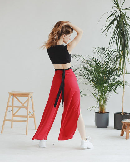 Red beach pants split pants yoga pants hollow pants wrap pants wrap pants Thai pants