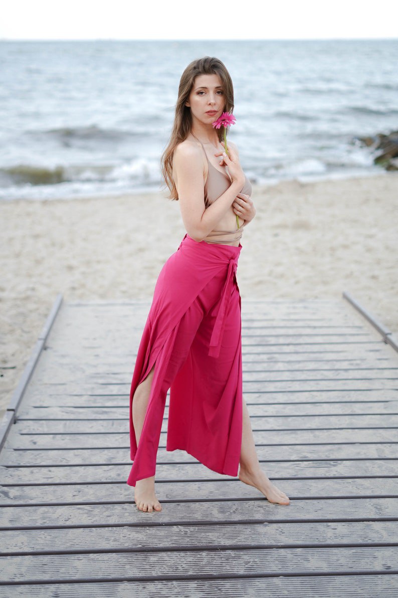 Fuchsia bright pink beach pants, wrap pants, Brazilian zouk pants, side slit pants, yoga pants, Thai pants