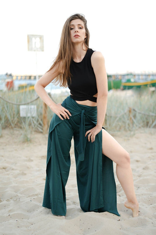 Emerald green beach pants, wrap pants, Brazilian zouk pants, side slit pants, yoga pants, Thai pants