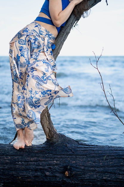 White and blue floral beach shorts, wrap pants, Brazilian zouk pants, side slit pants, yoga pants, Thai pants