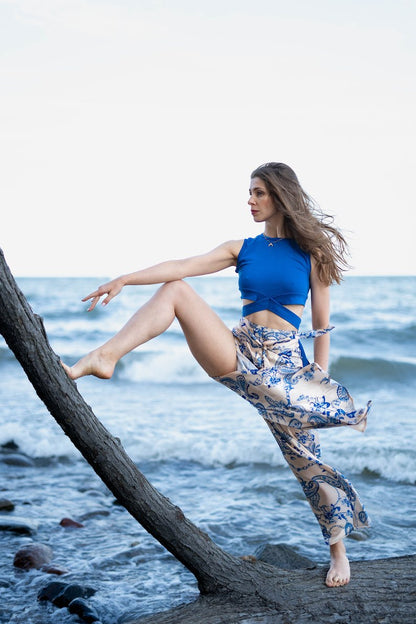 White and blue floral beach shorts, wrap pants, Brazilian zouk pants, side slit pants, yoga pants, Thai pants